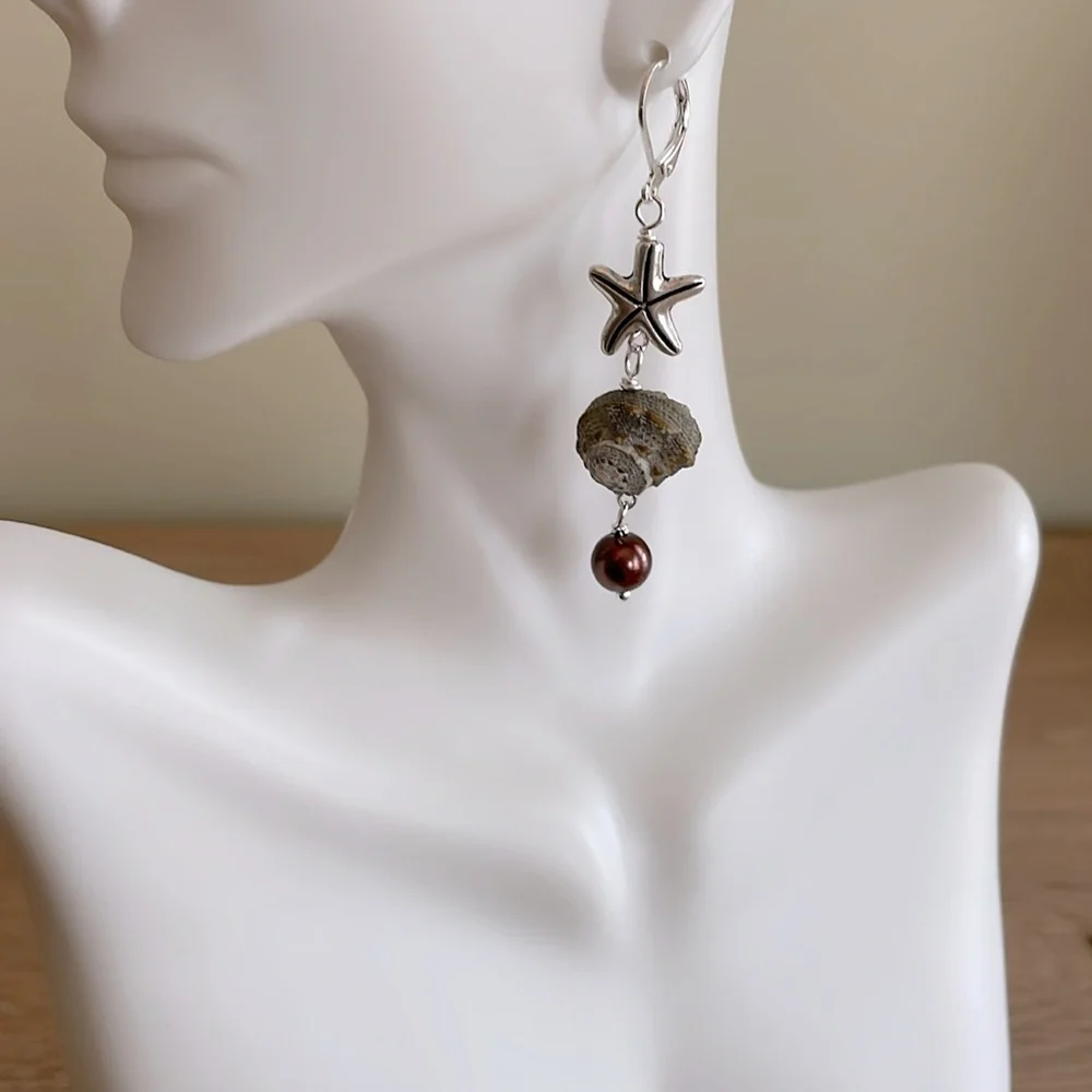 HAND CRAFTED PIERCED EARRINGS Gray Brown Silver Starfish Shells Faux Pearls